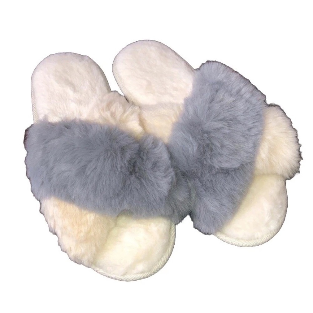Fox Fur Fuzzy Cross Band Slippers Gray Apricot Open Toe House Shoes Size 12